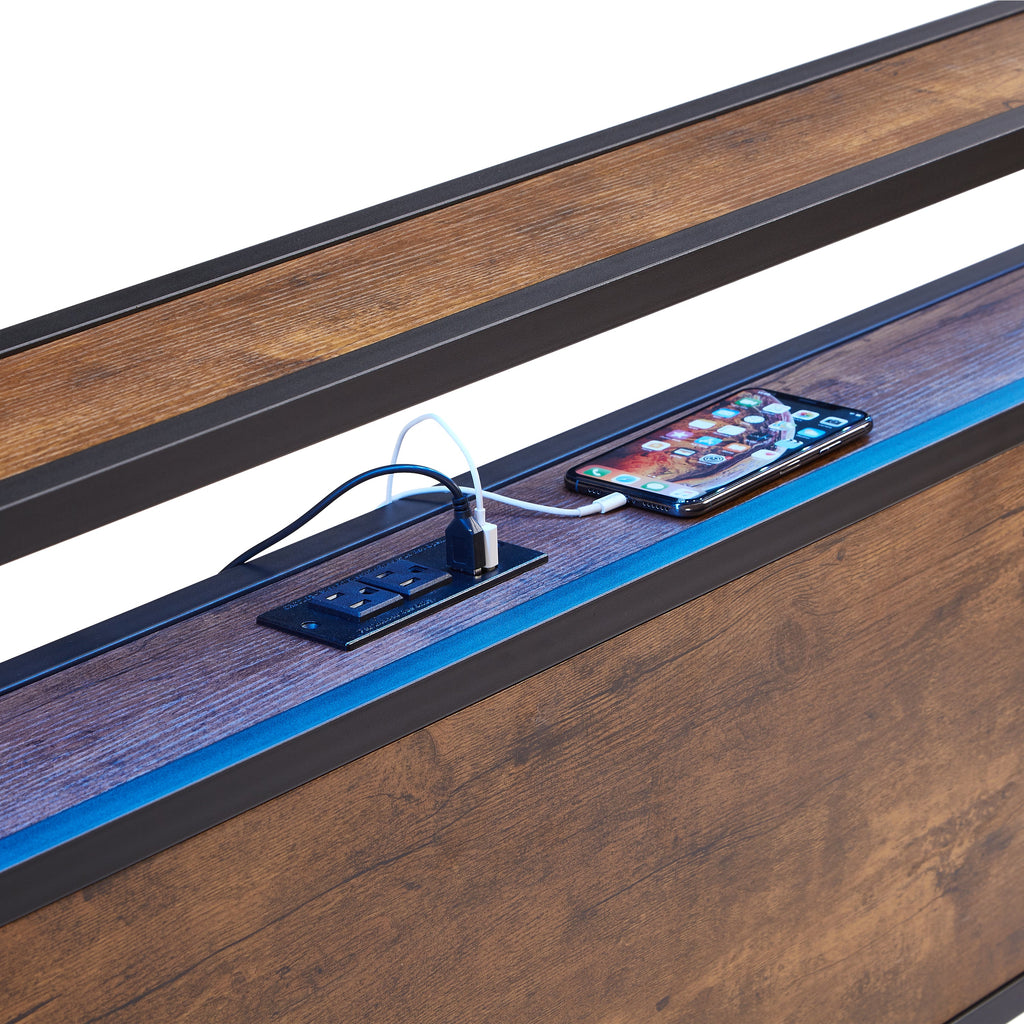 Queen Size Metal Platform Bed Frame with Wooden Headboard