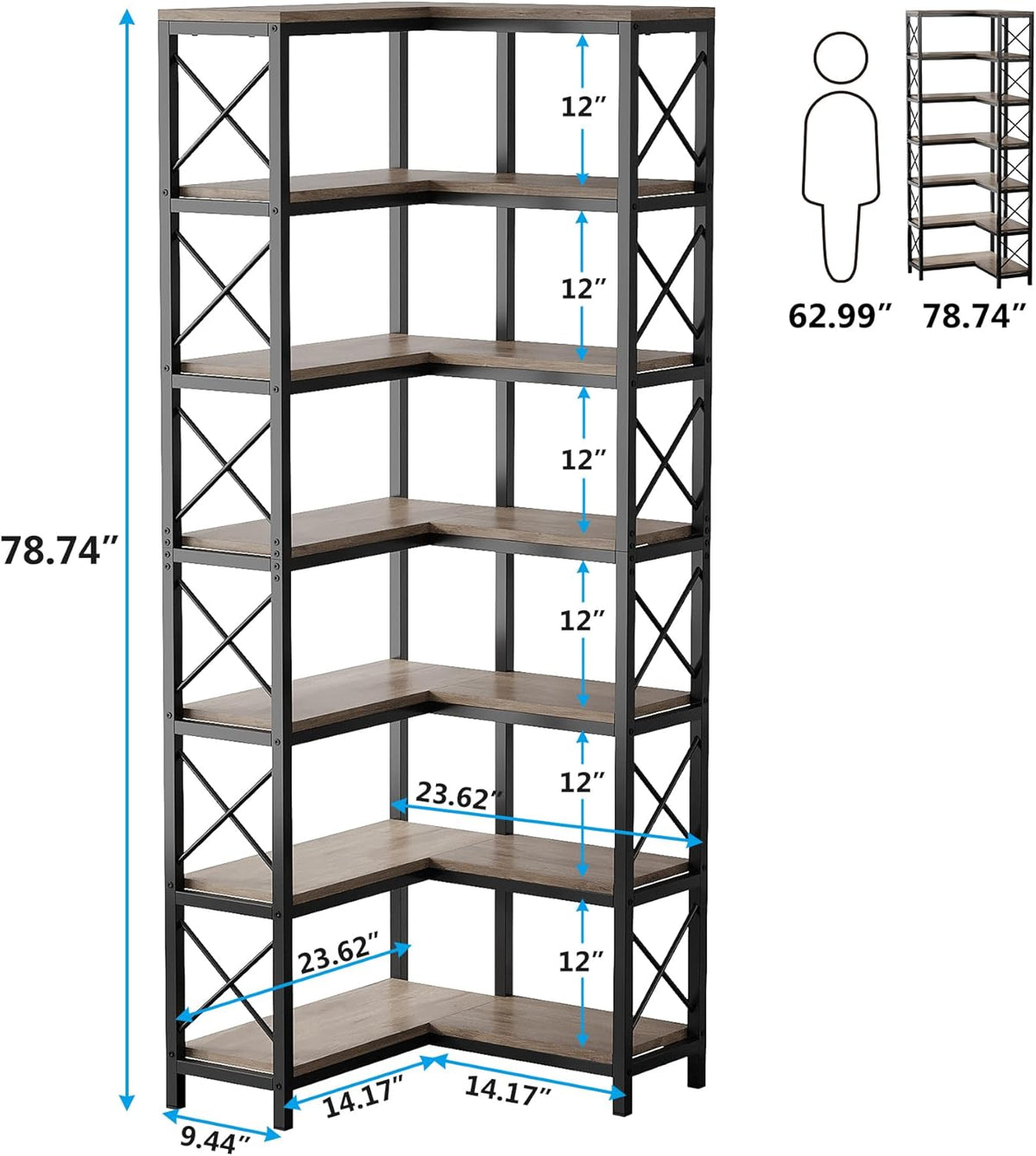 79.53" Tall 7-Tier Large Corner Bookshelf