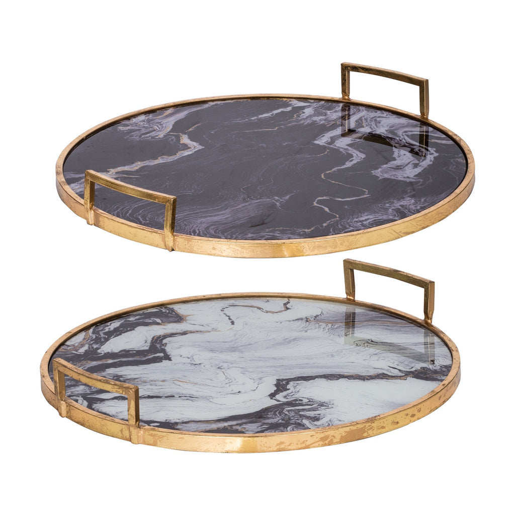 S/2 Round Decorative Tray with Abstract Marbled Design