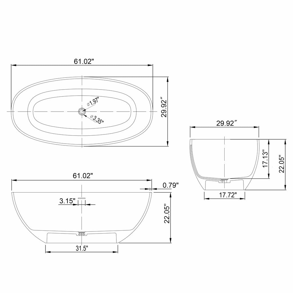 61 Inch Solid Surface Freestanding Bathroom Bathtub