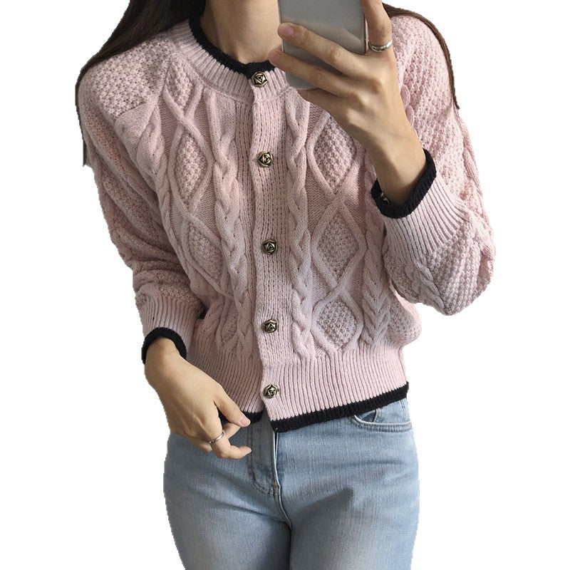 Color-block Button-up Cardigan Sweet-style Outerwear, Knit Sweater