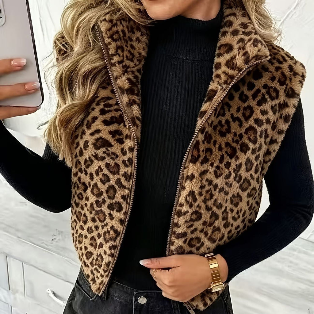 Leopard-print Sleeveless Vest Double-sided Fleece Jacket
