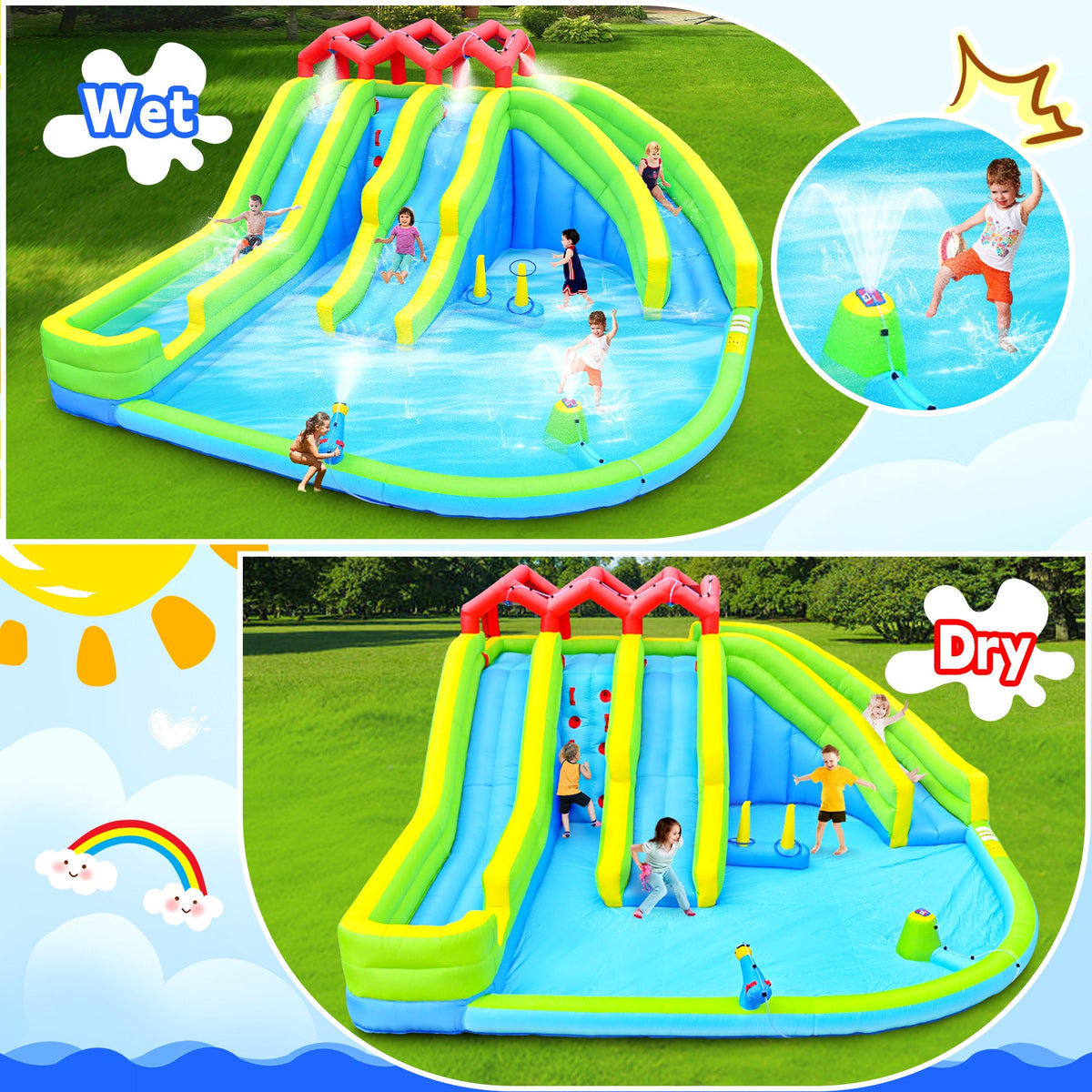 7 in 1 Inflatable Water Park with Three Slides