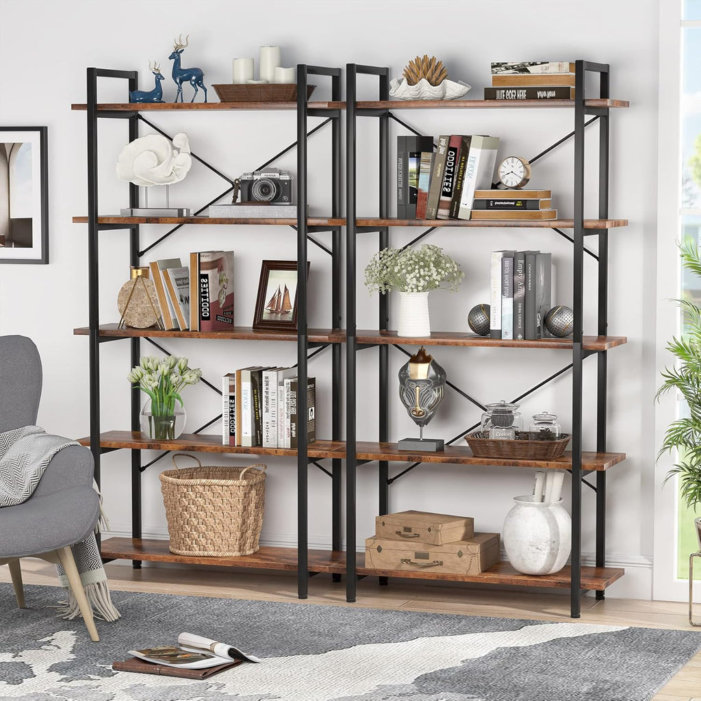 63" Tall 5-Tier Rustic Brown Industrial Bookshelf