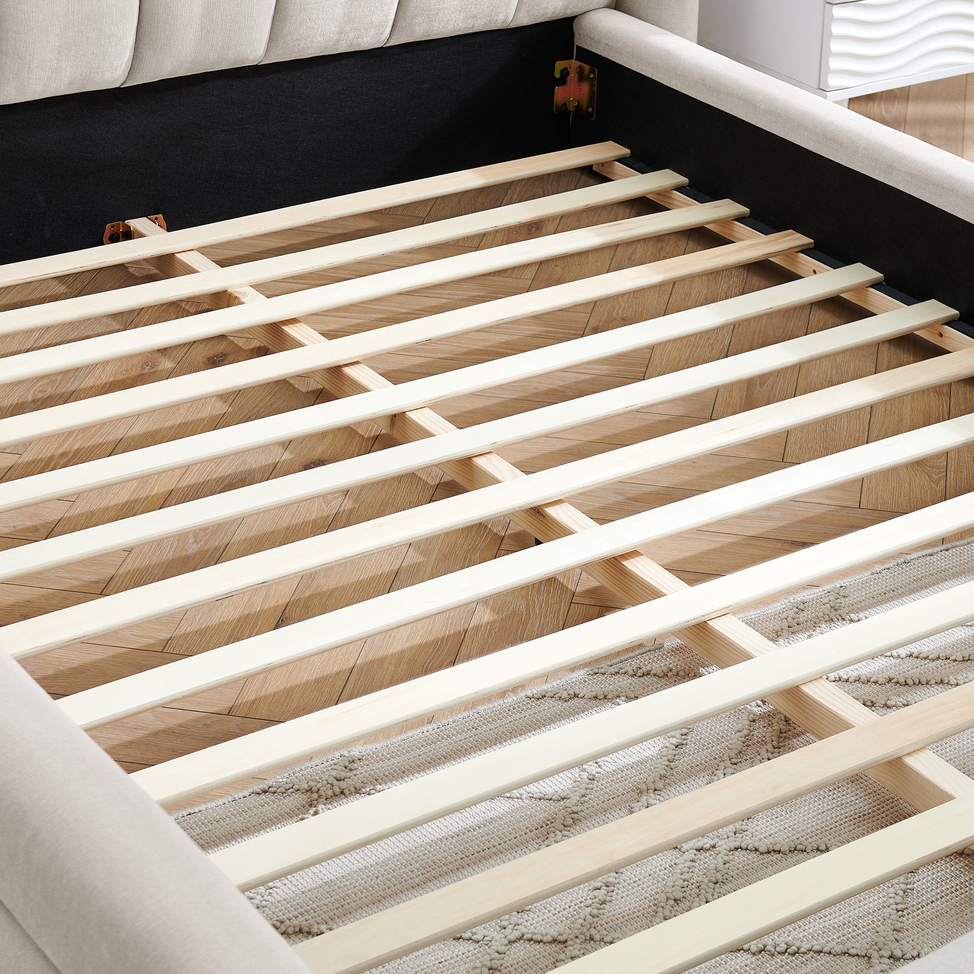 Queen Size Upholstered Bed Frame with Thick Fabric - Beige