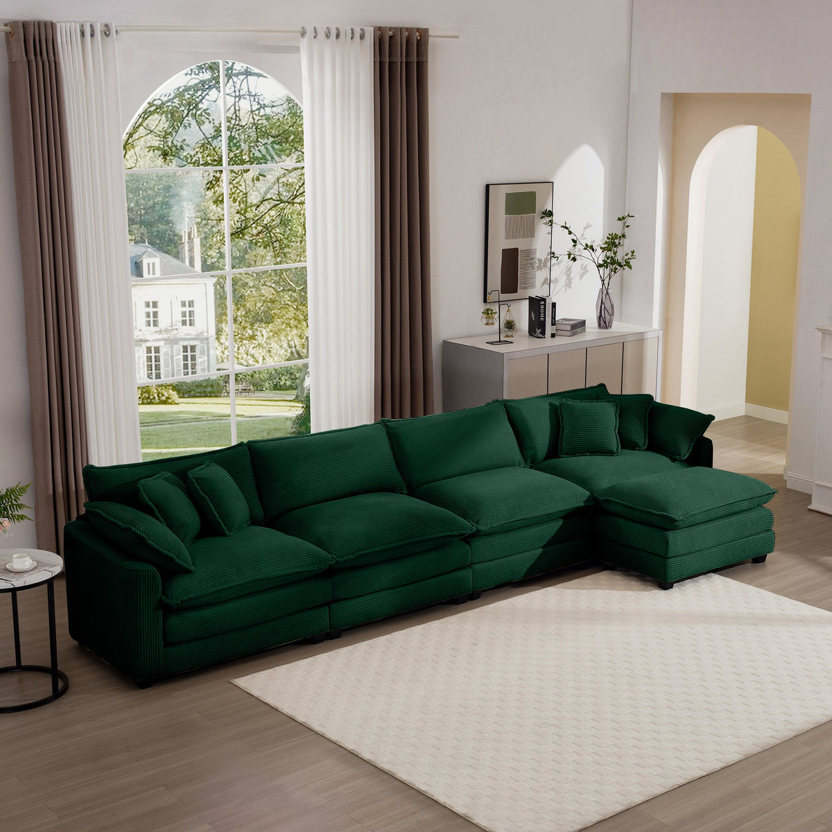 Corduroy Sofa - Modern Upholstered 4 Seater with Footstool