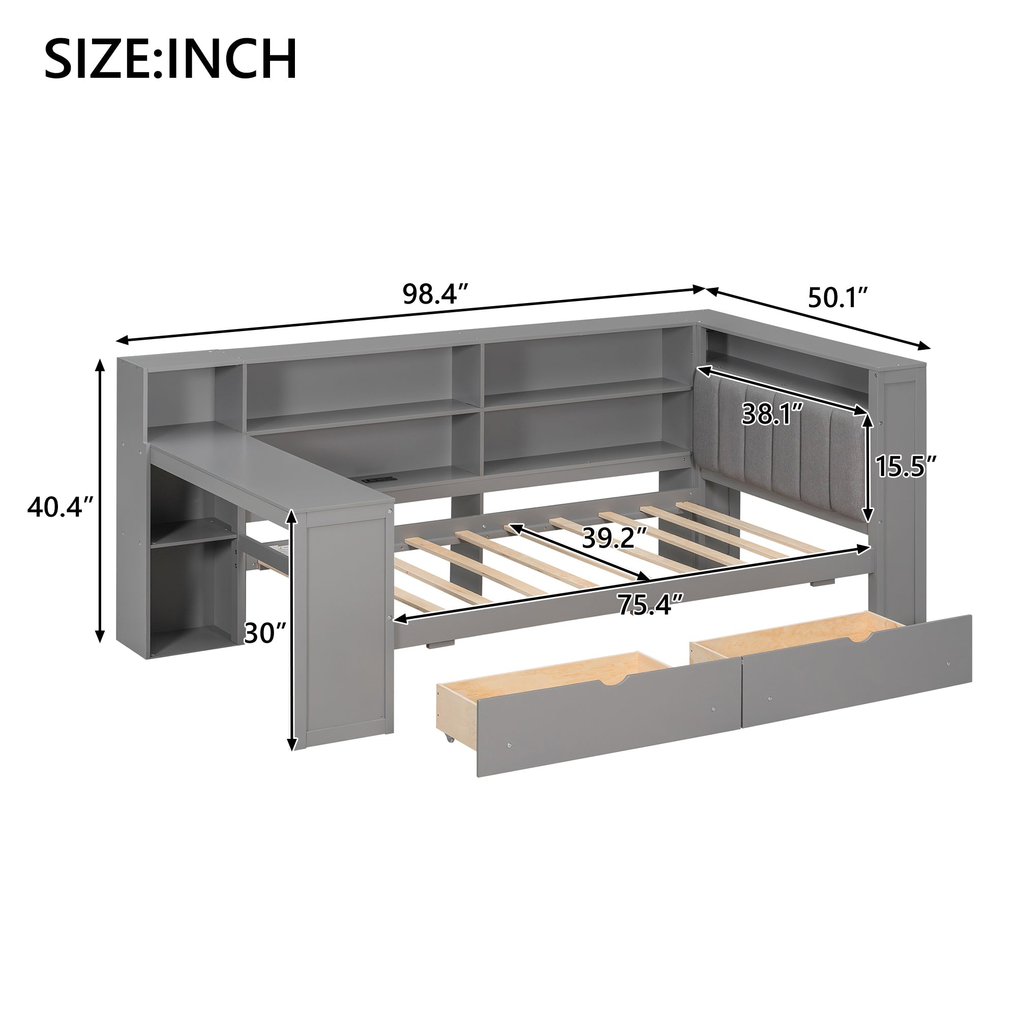 Wood Twin Size Platform Bed with Storage Shelves and Charging Station