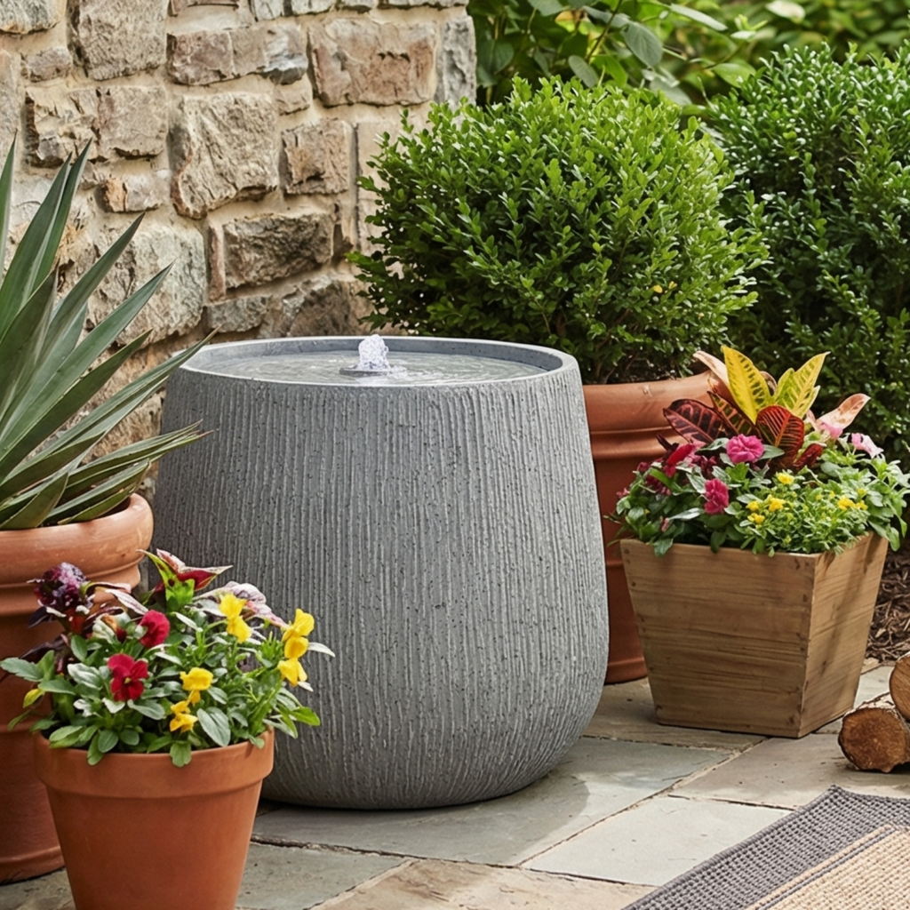 12.99"H Gray Bowl-Shaped Outdoor Fountain with LED Light