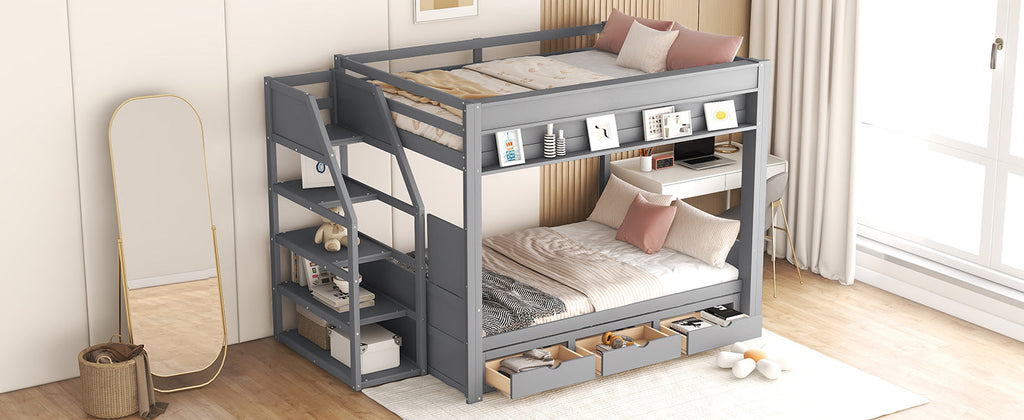 Wood Full Size Convertible Bunk Bed with Storage Staircase and Drawers