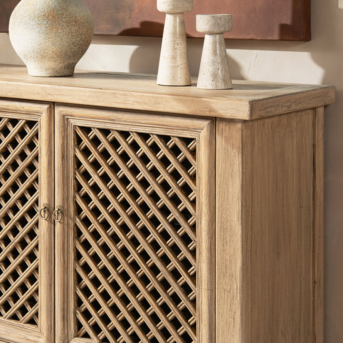 Arden 51" Solid Reclaimed Pine Lattice 2-Door Accent Storage Cabinet