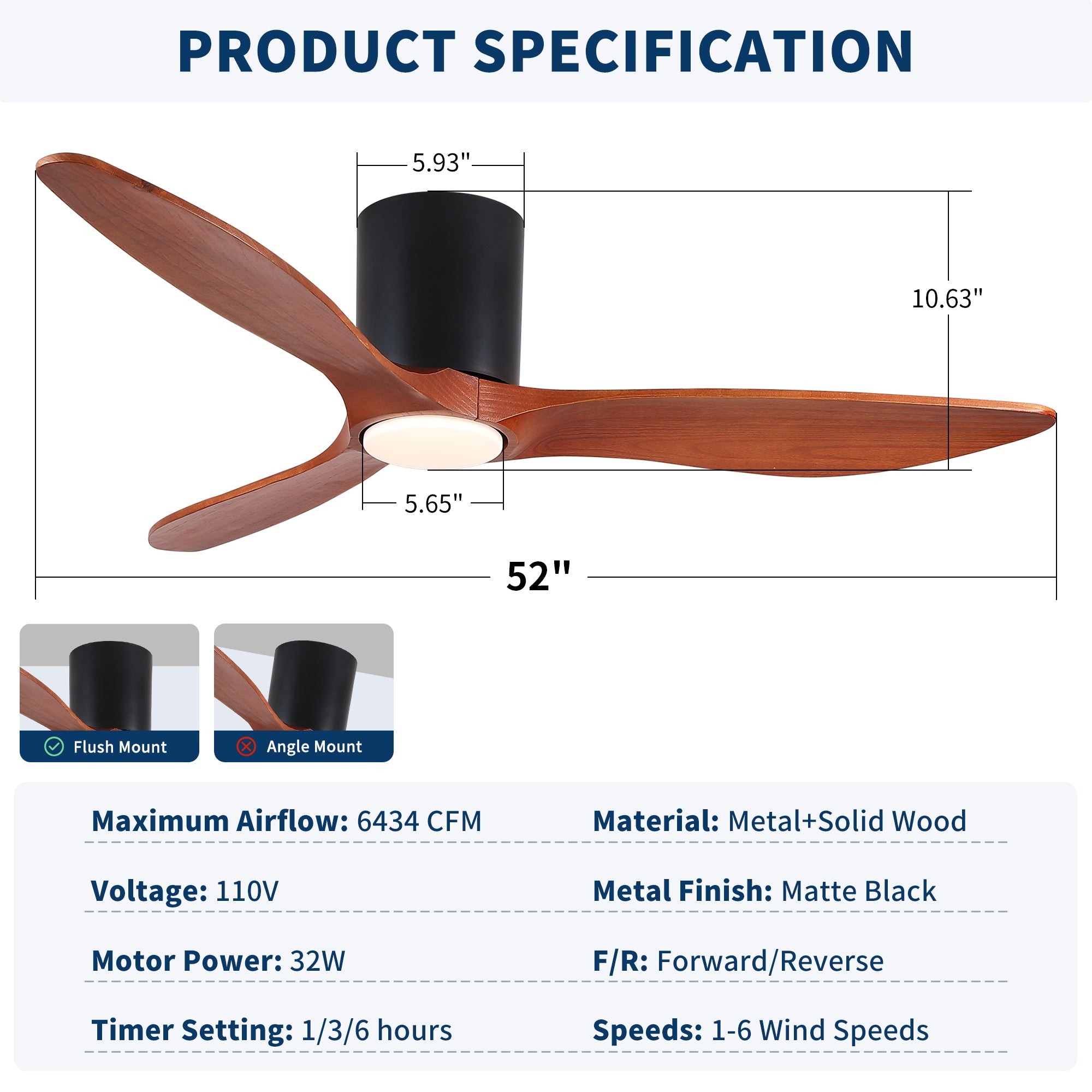 52" Modern Farmhouse Retro Solid Wood Low Profile Flush Mount Ceiling Fan