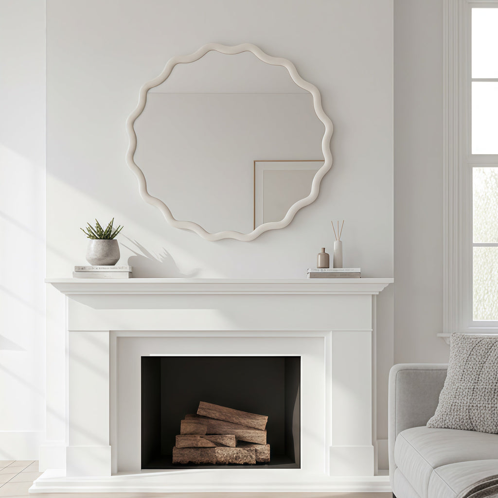 White 24 inch Wavy Round Solid Wood Frame Decorative Mirror