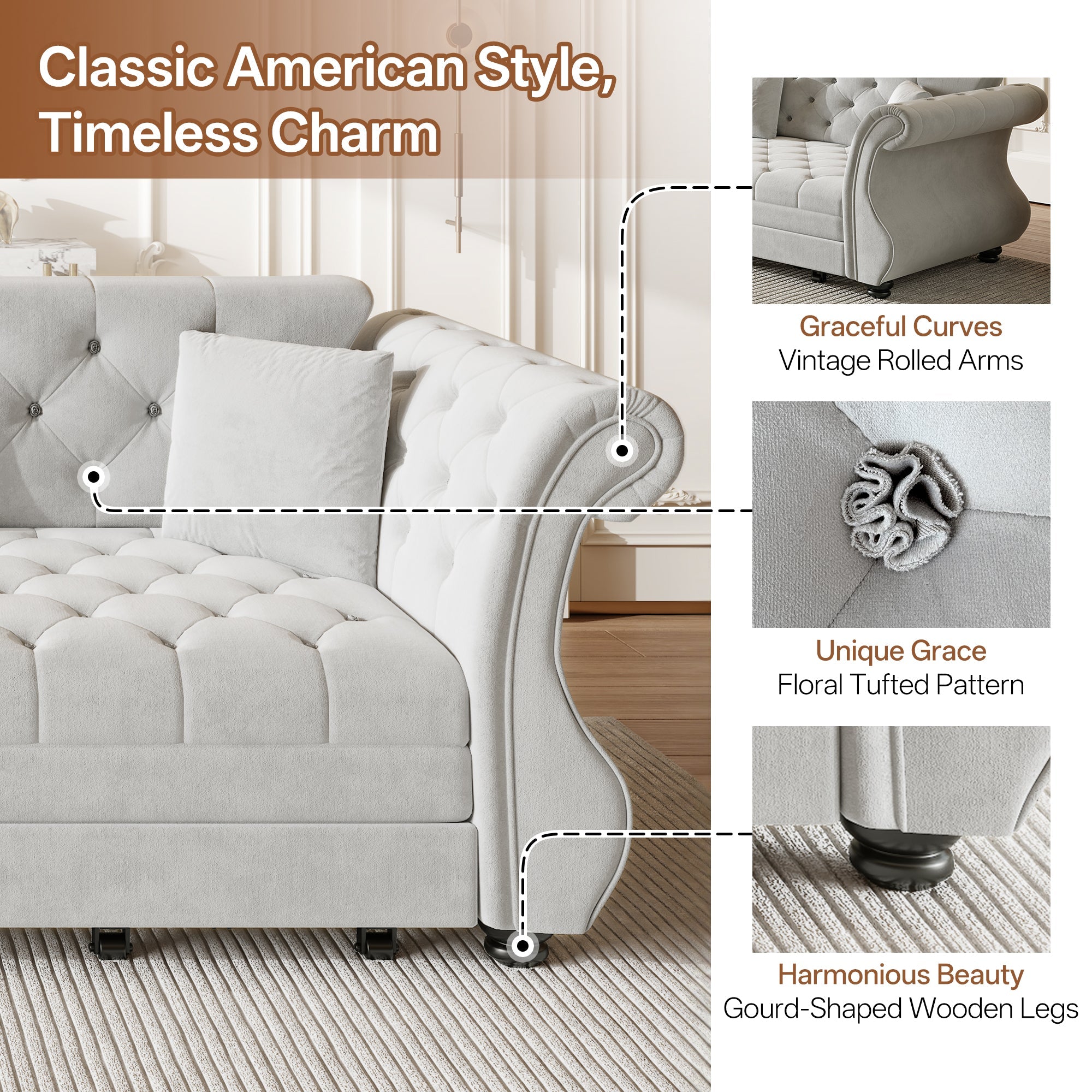 97.6" Oversized Chesterfield Pull Out Sofa Bed