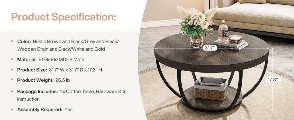 31.7” Round Coffee Table with Storage