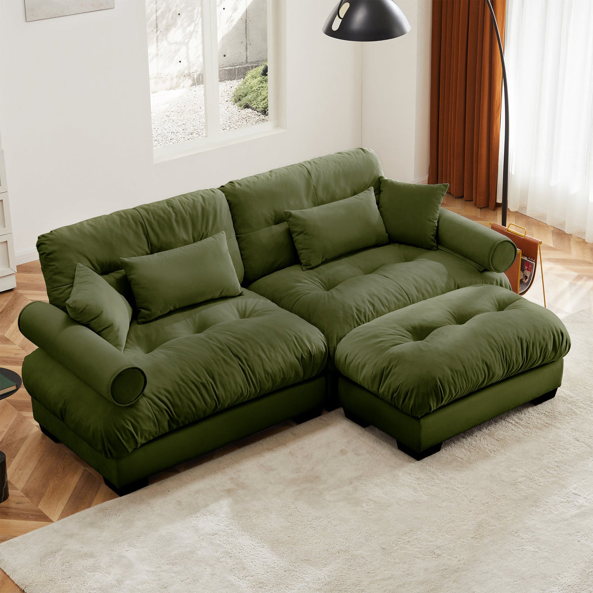 Over Size Modern Two-Seater Sofa with Ottoman in Olive