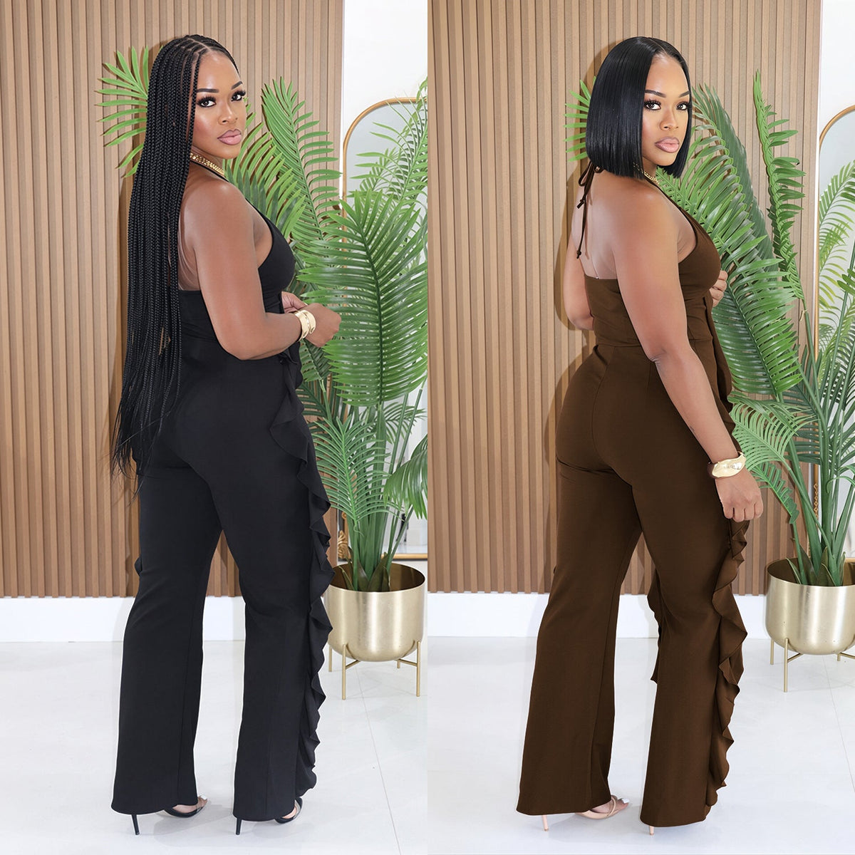C7836 Cross-border 2026 New Women's Elegant Neck V-neck Ruffled High Waist Slimming Wide Leg Party Jumpsuit