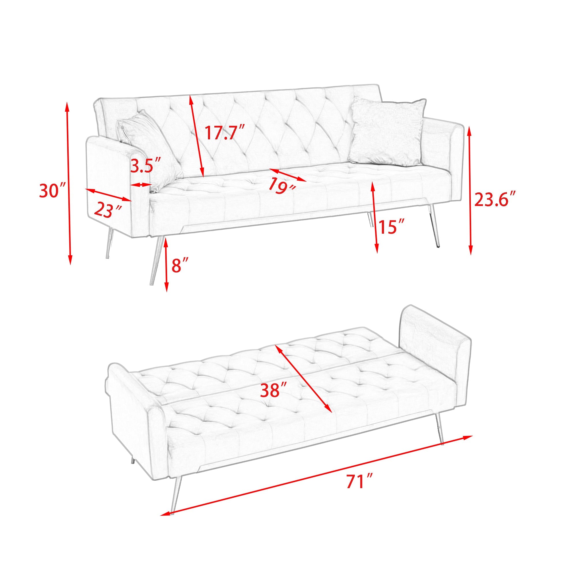 71-Inch Foldable Double Sofa With American Retro Style