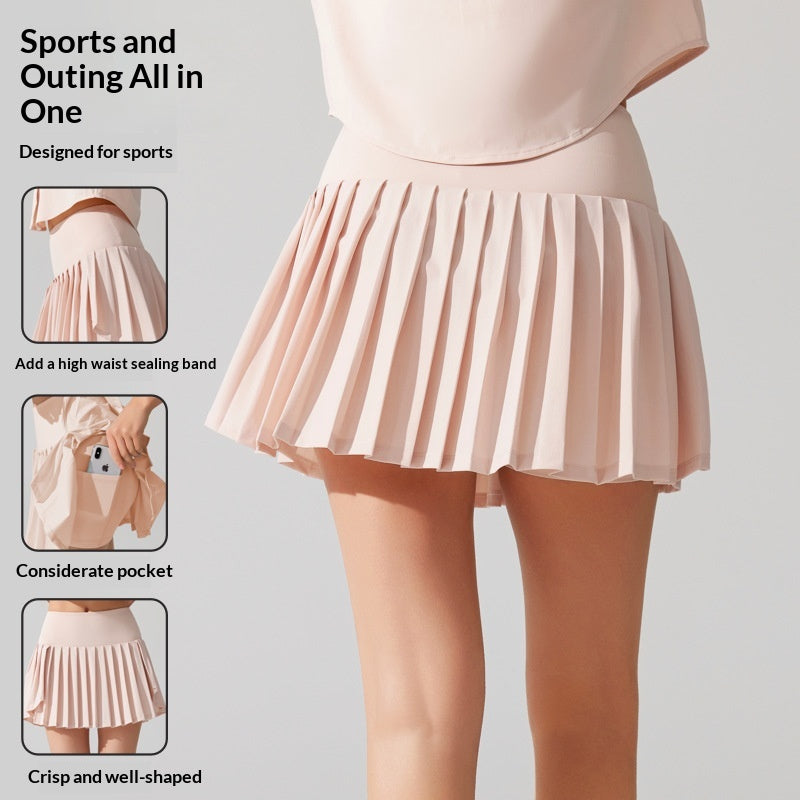 New Pleated Sports Skirt High Waist Lined Pocket Anti-running Badminton Skirt Built-in Yoga Running Tennis Skirt