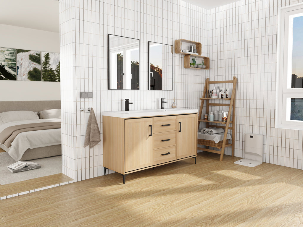 60" Freestanding Bathroom Vanity with Double Resin Sink