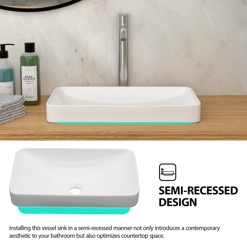 19"x12" White Semi-Recessed Ceramic Bathroom Sink