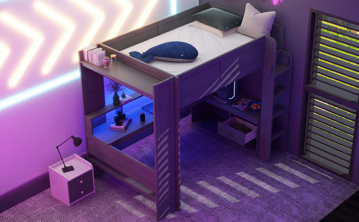 Wood Full Size Gaming Loft Bed with Desk, Storage Shelves, and LED Lighting