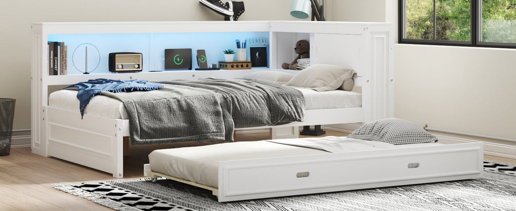 Full Size Wood Daybed with Storage Shelves, USB, LED, and Trundle