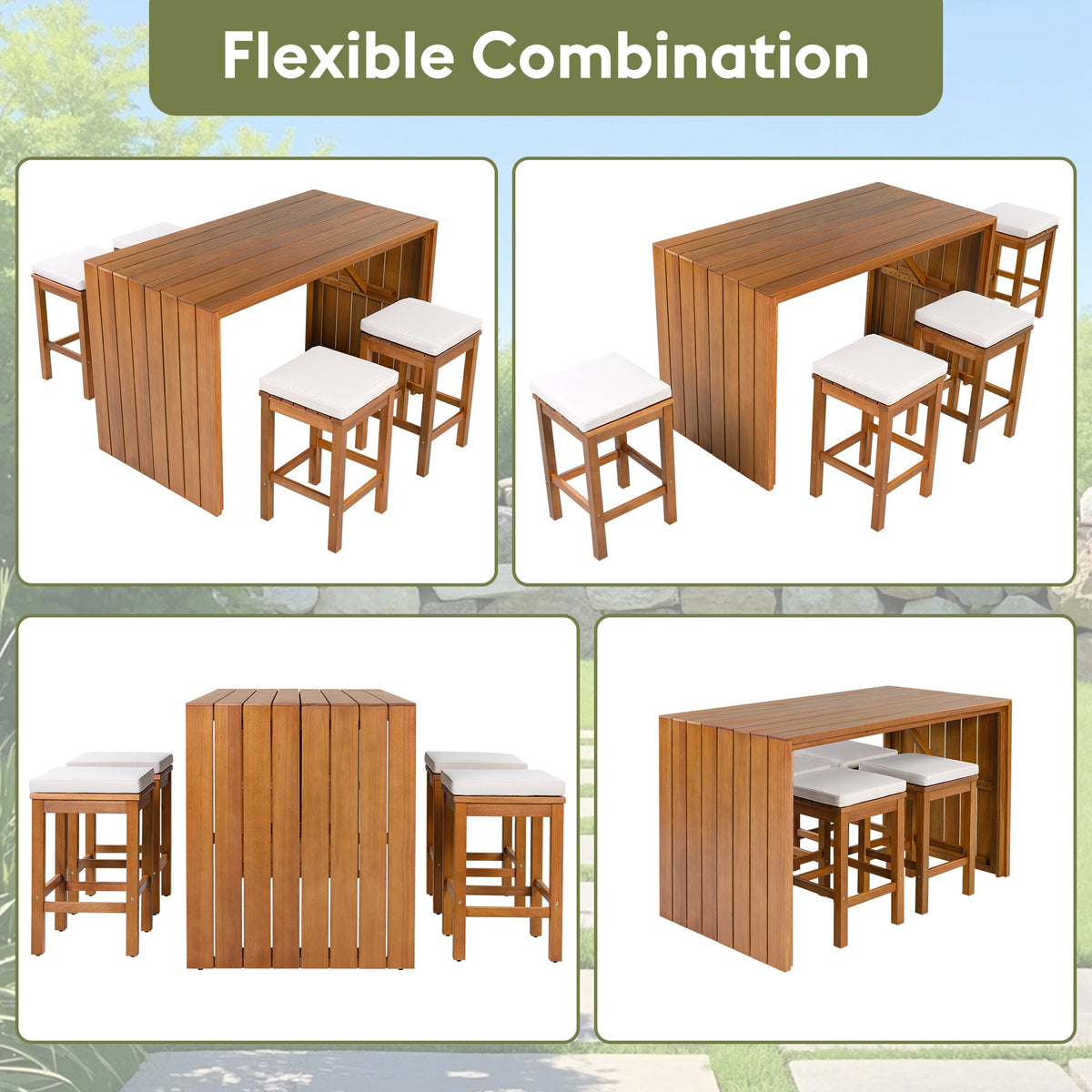 5 Piece Outdoor Bar Set, Patio Acacia Wood Bar Height Table & Stools