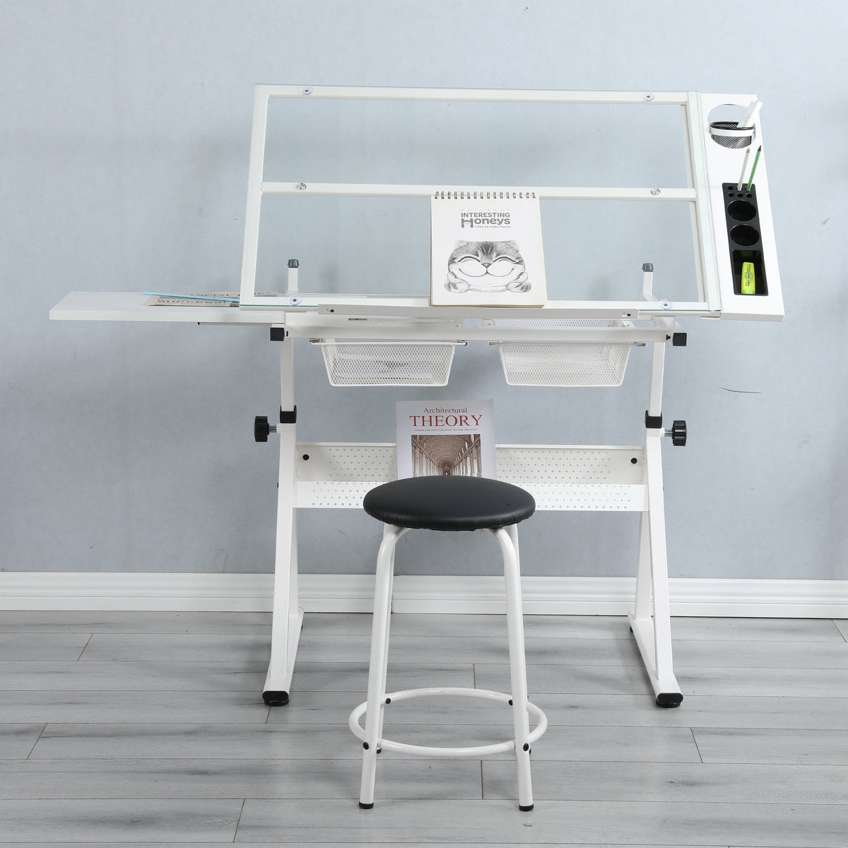 White Adjustable Tempered Glass Drafting Table with Chair