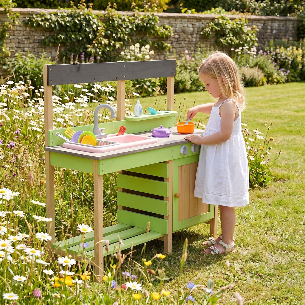 Kids Play Kitchen - Wood Mud Kitchen with Water Play Set