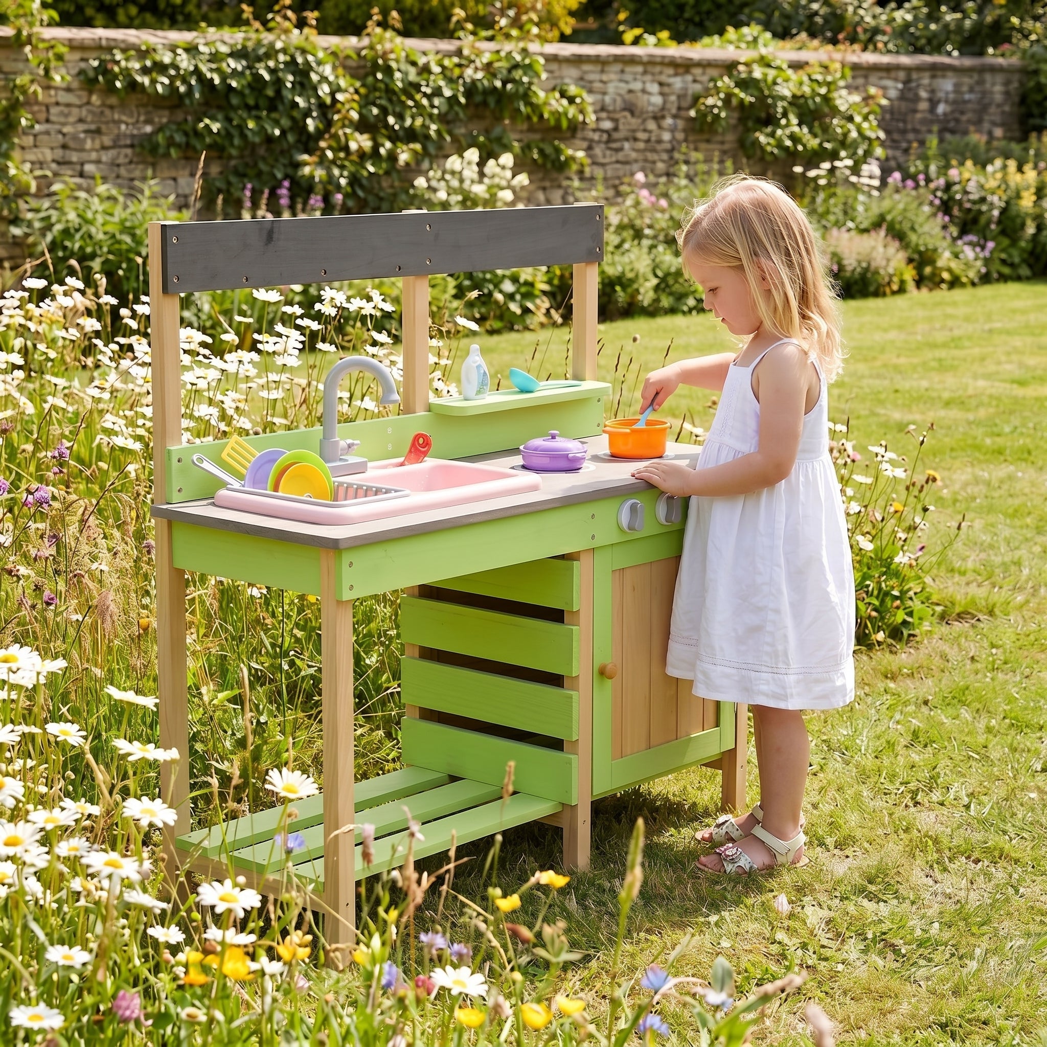 Kids Play Kitchen - Wood Mud Kitchen with Water Play Set