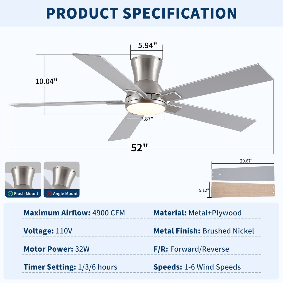 52" Modern Brushed Nickel Finish Reversible Quiet Motor Ceiling Fan