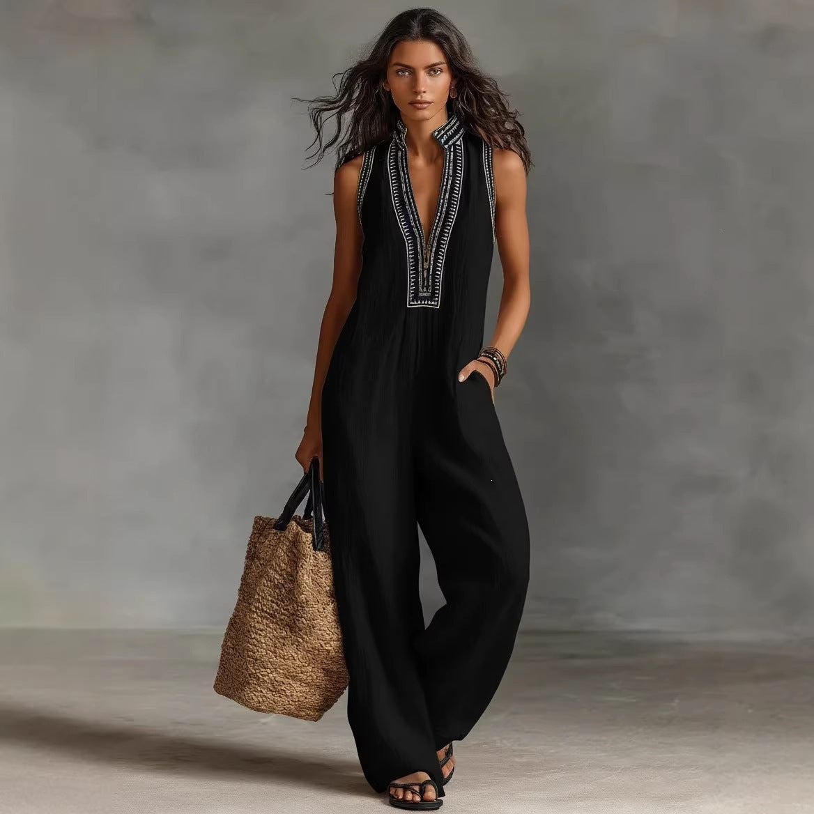 2026 European And American Cross-Border Women's Simple Linen Blend Sleeveless Jumpsuit With Zipper And Stand Collar