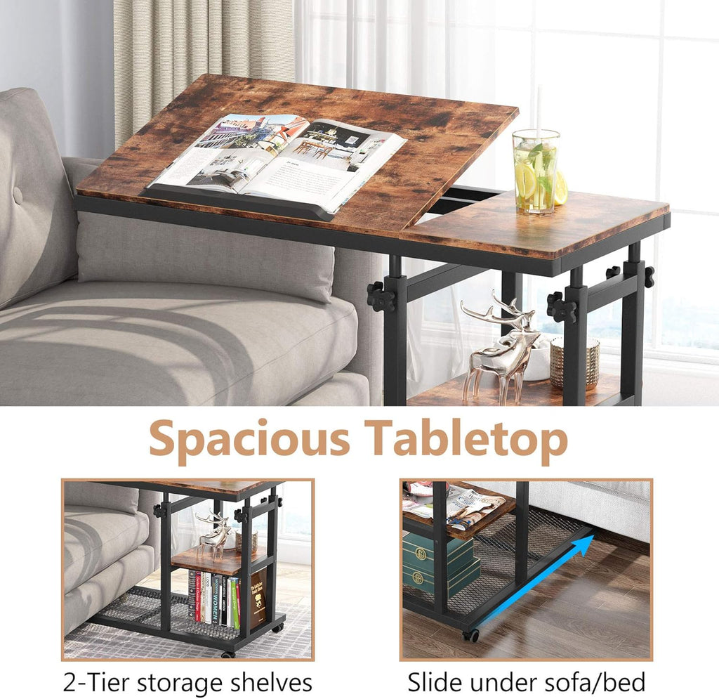 Rustic 32” Width Adjustable C-Shaped End Table with Wheels