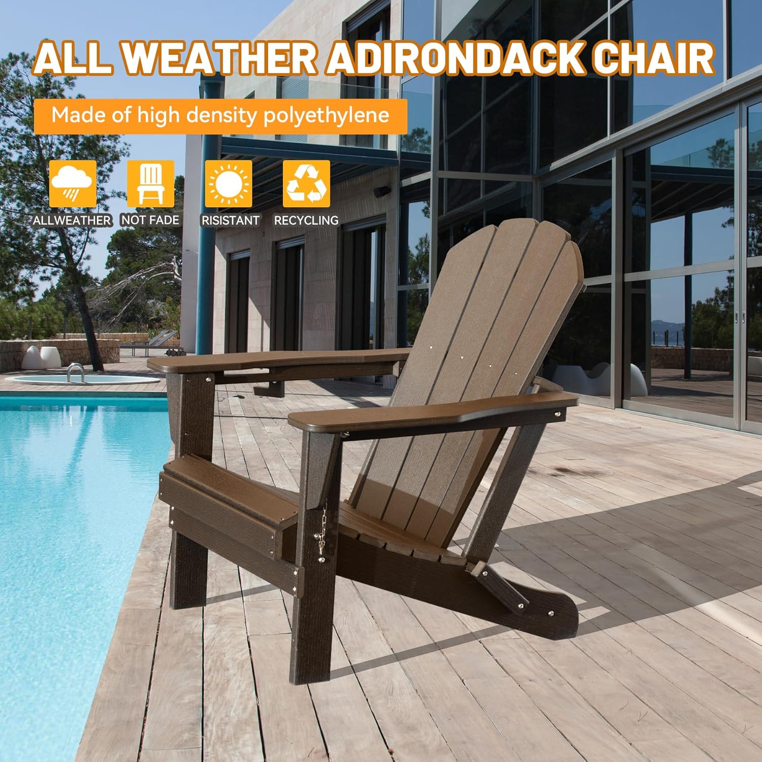 Folding HDPE Adirondack Chair with Cup Holder - Brown