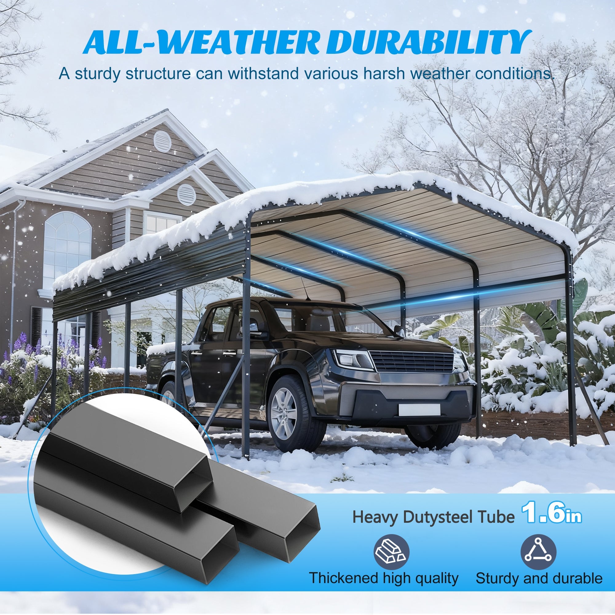 13x20 FT Metal Carport with Upgraded Triangle Reinforced Frame