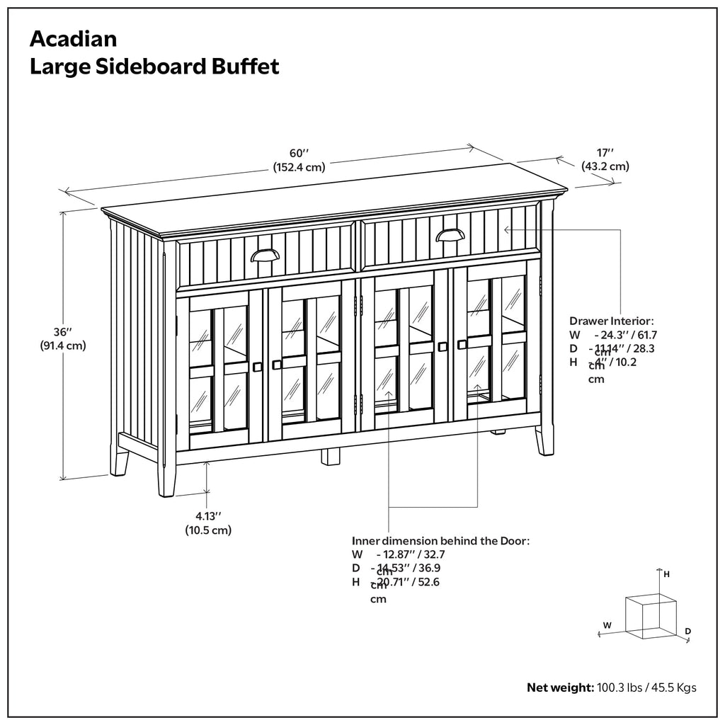 Acadian 60 Inch Wide Solid Wood Large Sideboard Buffet in Brunette