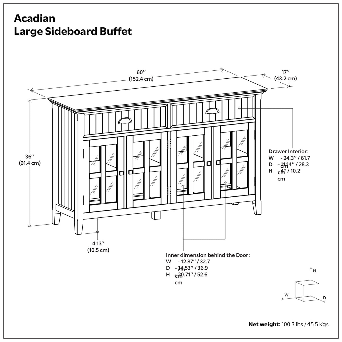Acadian 60 Inch Wide Solid Wood Large Sideboard Buffet in Brunette