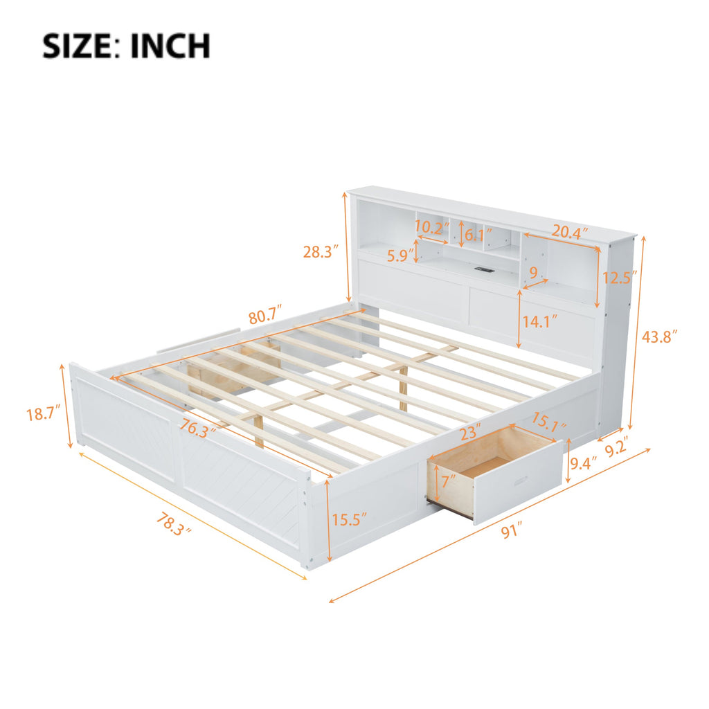 King Size Wood Platform Bed with Multi-storage Headboard, USB and Drawers