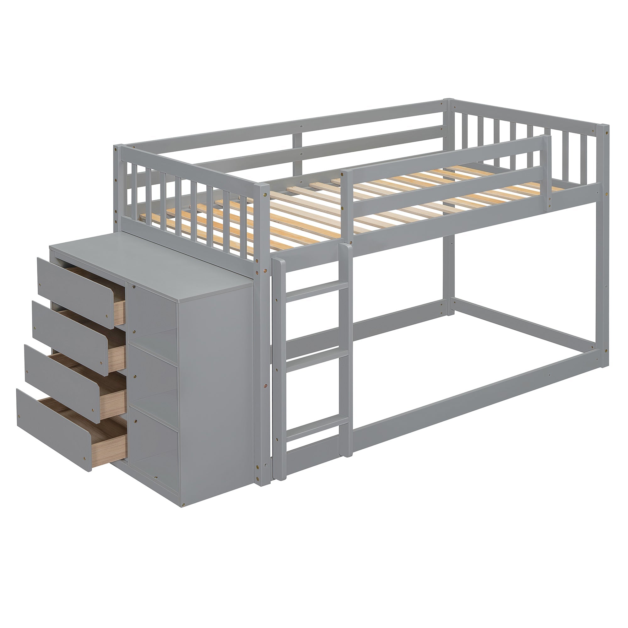 Twin Over Twin Bunk Bed with 4 Drawers and 3 Shelves - Gray