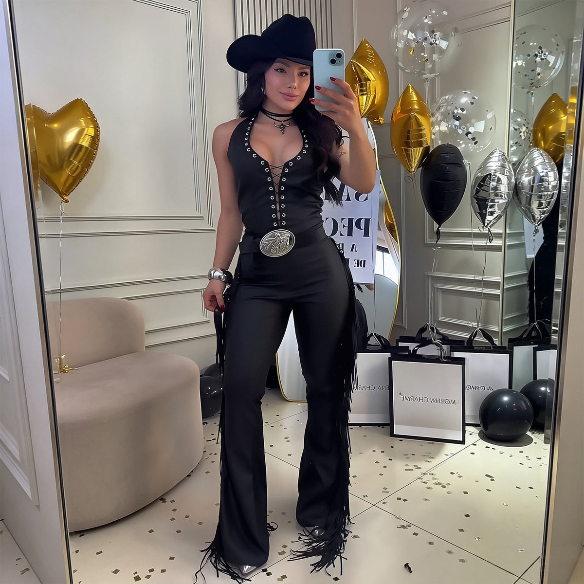 C7831 Cross Border 2026 New Women Sexy Western-style Halterneck Fringe Wide-leg Pants Slim-fit Party Jumpsuit