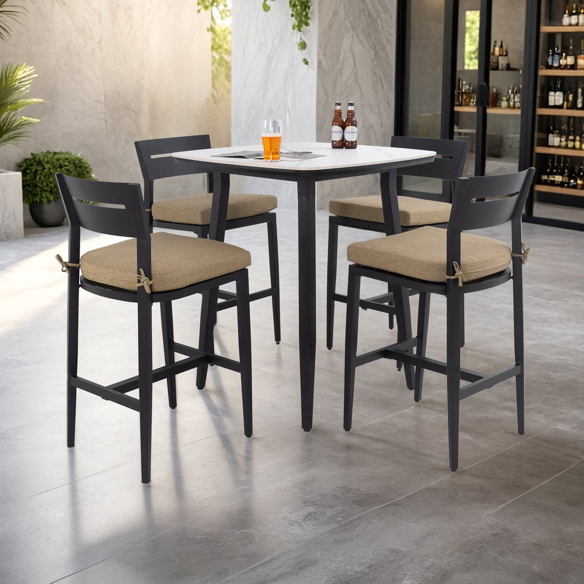 Modern 5PC Outdoor Patio Bar Set, Rounded Square 35.4'' Sintered Stone Table & 4 Aluminum Bar Stools