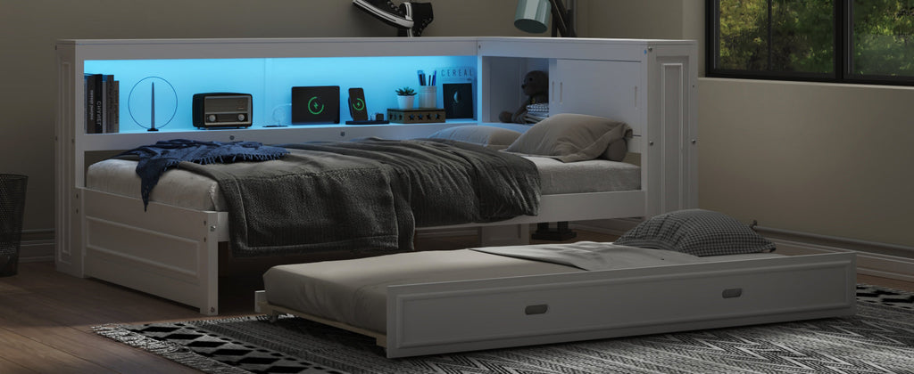 Full Size Wood Daybed with Storage Shelves, USB, LED, and Trundle