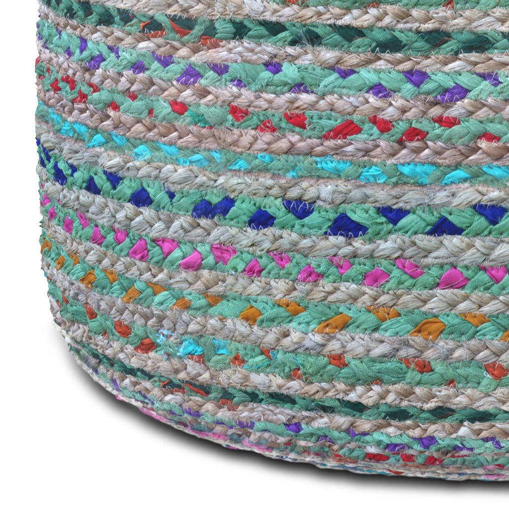 Margo 20 Inch Wide Round Pouf in Multi-Green Handwoven Jute and Cotton