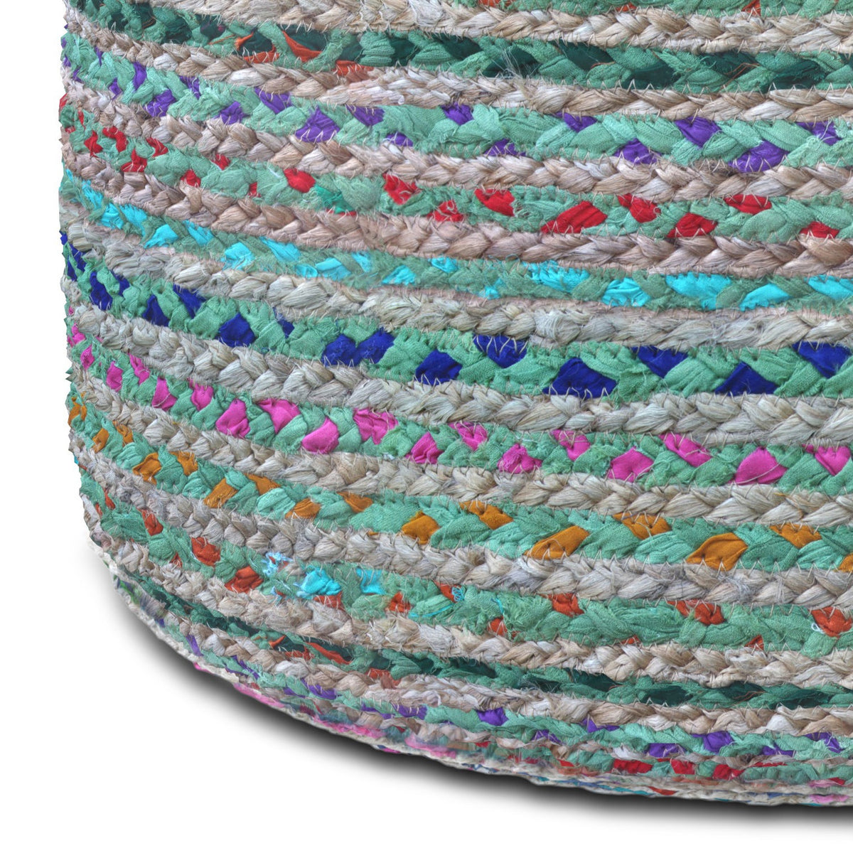 Margo 20 Inch Wide Round Pouf in Multi-Green Handwoven Jute and Cotton