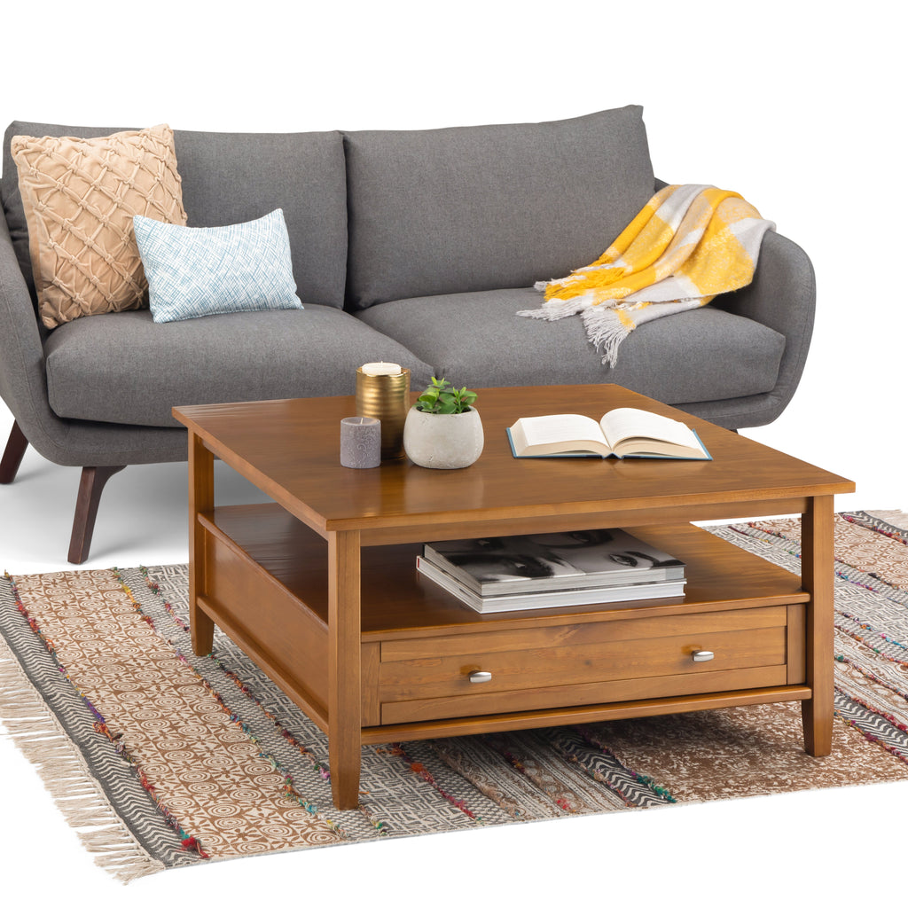 Warm Shaker 36 Inch Wide Solid Wood Square Coffee Table in Light Golden
