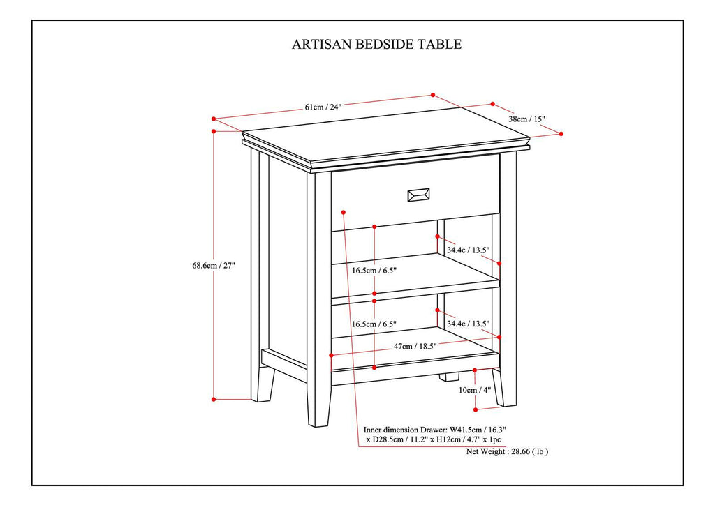 Artisan 24 Inch Wide Solid Wood Bedside Table in Rustic