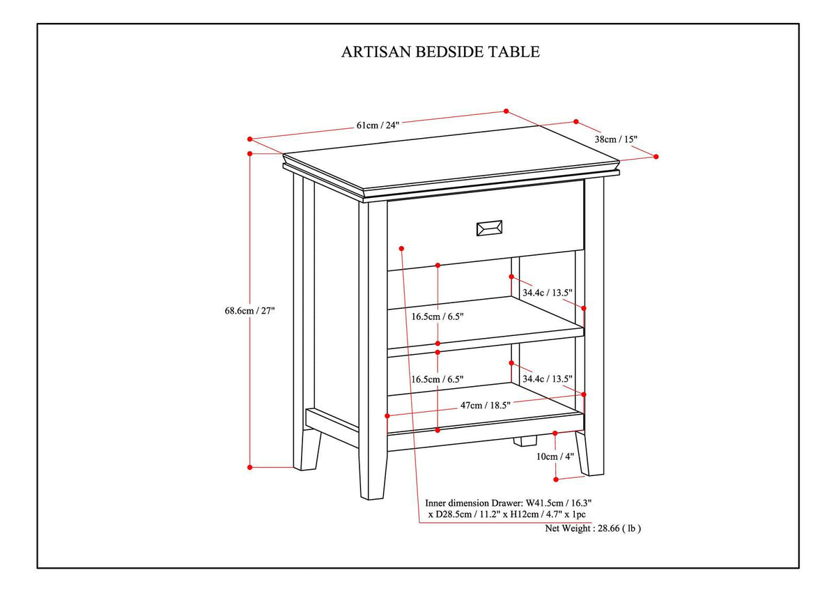 Artisan 24 Inch Wide Solid Wood Bedside Table in Distressed Grey