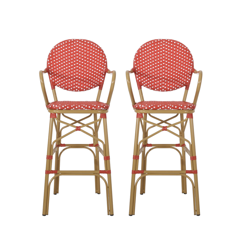 Outdoor Wicker and Aluminum 29.5" French Barstools, Set of 2