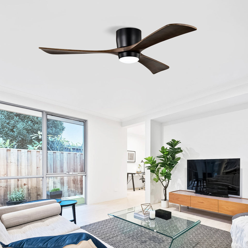 52" Flush Mount Solid Wood Blades Ceiling Fan with Lights