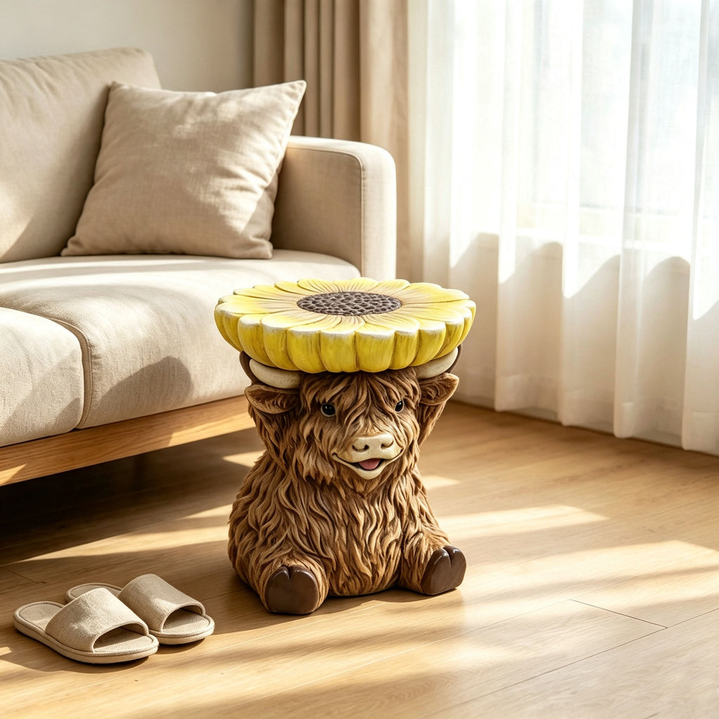 Highland Cow Stool with Sunflower Tabletop
